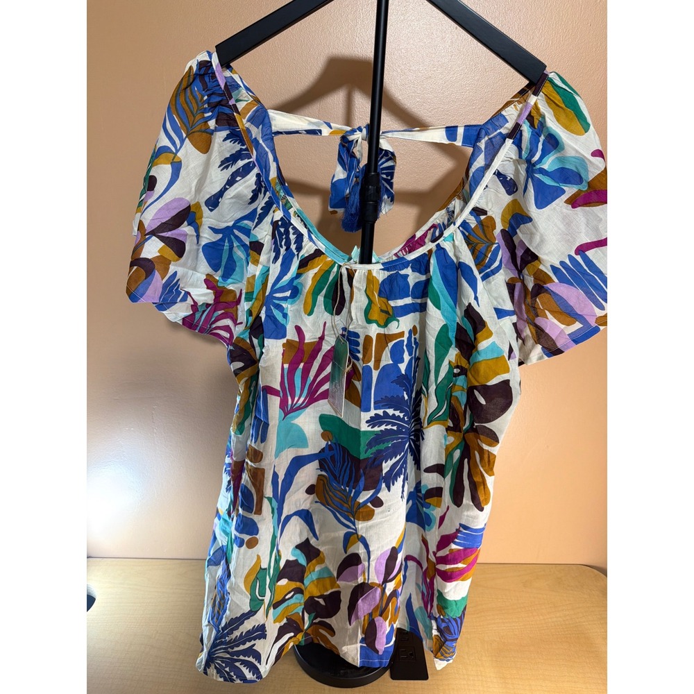True Destinations Resort Wear Tropical Floral Tassel Tie Back Blouse Medium NWT